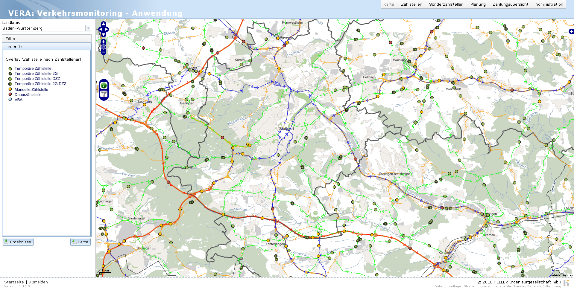 Kartenansicht in der Verkehrsmonitoring-Anwendung VERA